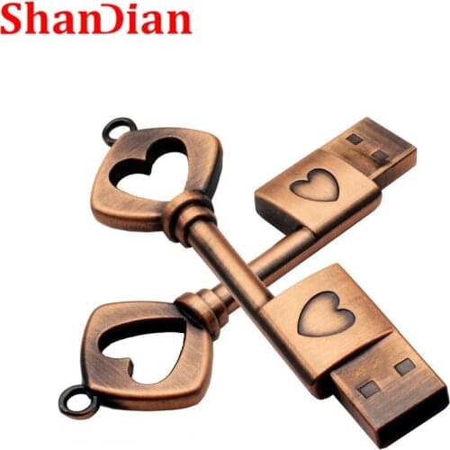 SHANDIAN new wholesale Pen Drive Metal Pure Copper Heart Key Gift mini USB stick Key 4gb/8gb/16gb/32gb/64gb USB Flash Drive gift