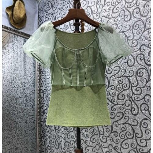 High Quality Sweaters 2021 Autumn Tops Women Sexy O-Neck Sexy Tulle Mesh Beading Deco Short Sleeve Casual Green Jumpers Knitwear