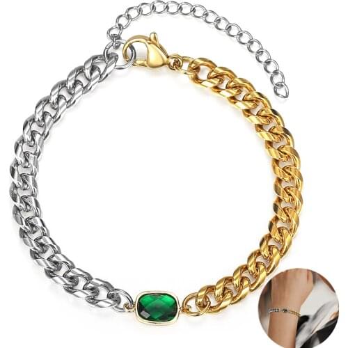 Unique Vintage Curb Cuban Chain Bracelet for Women Retro Emerald Green Stone Charm Stylish Bracelet Length Adjustable DB325