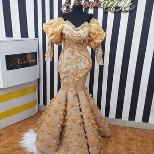 African Gold Mermaid Evening Dresses Handmade 3D Flowers Off Shoulder 3/4 Long Sleeves Prom Dress Plus Size Women Formal Gowns
