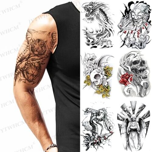 Waterproof Temporary Tattoo Stickers Body Art Arm Water Transfer Skull False Tattoo Glitter Forearm Cool Male Black Tattoos