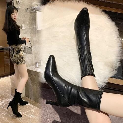 Womens Calf Boots Fashion Solid Color Pointed Thick Heel Mid-tube Boots