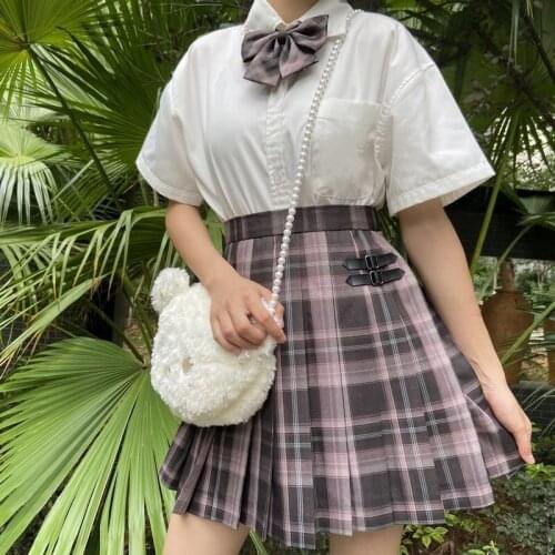 Skirt And Top Two Piece Set Women Blouses Korean Harajuku Shirt Send Free Bowtie JK High Waist Mini Sexy Plaid Skirts Women Suit