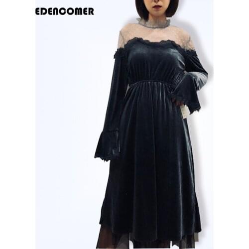 EDENCOMER Spring Dresses 2019 Long Sleeve Sexy Party Dress Korean Velvet Pure Color Shoulder-length Dress Women Clothing