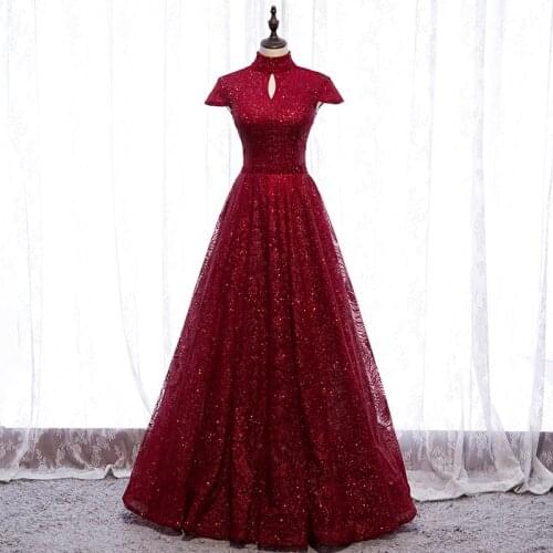 Bespoke Occasion Dresses Vintage High Short Sequined Crystal Luxury Burgundy Backless Tulle Lace Women Formal Evening Gown HB239