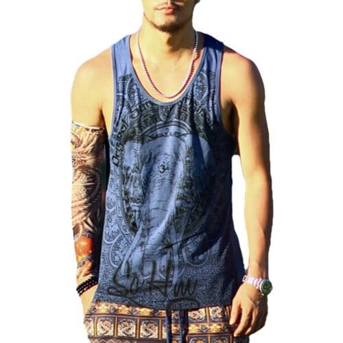 Vintage Elephant Print Men Summer Bodybuilding Vest Loose Sleeveless Tank Top