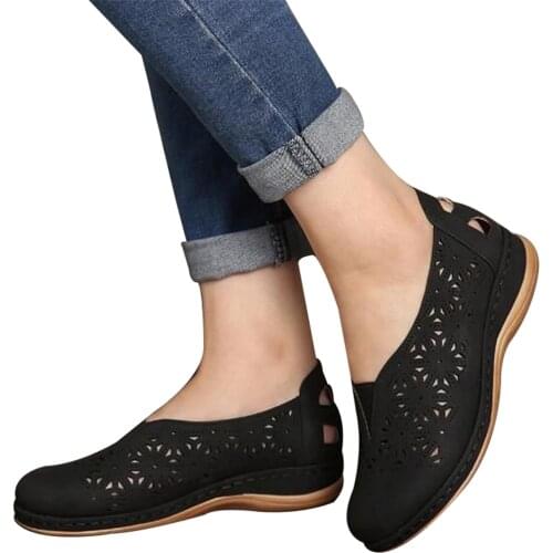 2021 Women Shoes Faux Leather Elastic Comfy Slip On Womens Hollow-Out Round Toe Flat Heel Flats Platform Shoes Zapatillas Mujer