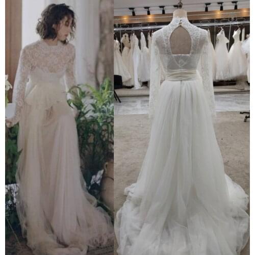 #3147 100% Real Photos Vintage Special Design Long Sleeve Lace Soft Light Champagne Bridal Gown Wedding Dress