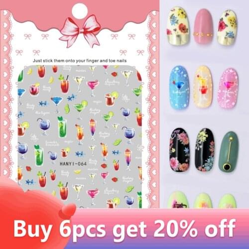 1 Sheet 3D Nail Art Stickers Party Drinks Flower Retro Pattern Nail Decals DIY Decoration Japanese Style Nails Accessories