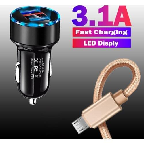 Car Charger LED Display Dual USB 3.1A Fast Charging For Xiaomi Redmi Note 6 Pro Sony E5 Samsung A5 J7 Micro USB Nylon Data Cable