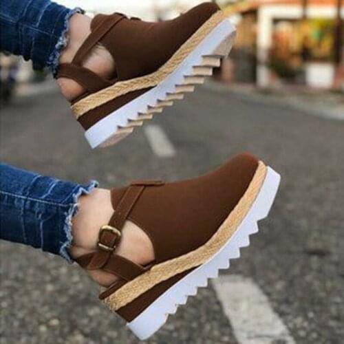 Womens Sandals Vintage Wedge Shoes Woman Buckle Strap Straw Thick Bottom Flats Platform Sandals Flock Female Shoes Summer