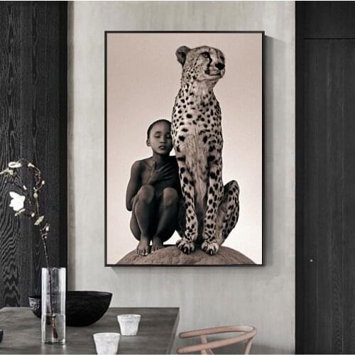 Child With Cheetah Canvas Paintings Wall Art Posters And Prints Nature Animals Wall Canvas Pictures For Living Room Cuadros