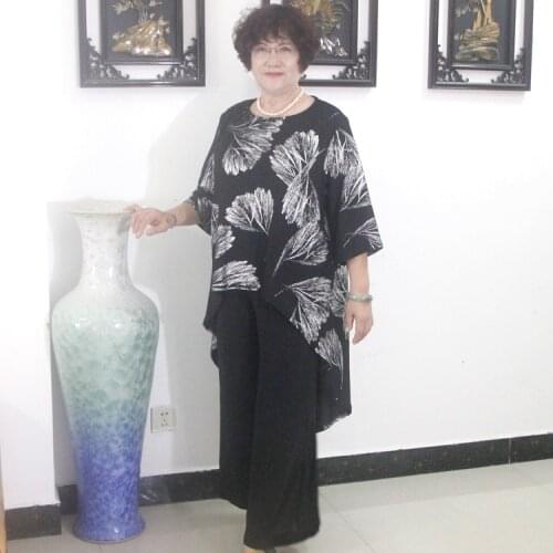 Plus size middle age women 2 piece sets loose casual asymmetrical print tops and wide leg pants suits elegant women sets FC228