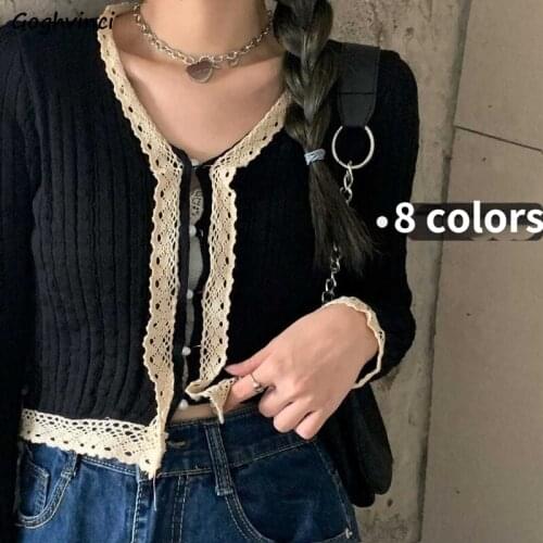 Cardigan Women Spring Autumn Solid 8 Colors Simple All-match Lace V-neck Fashion Girls Cute Cropped Sweater Ulzzang Slim Elegant