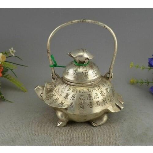 Collectible Decorated Old Handwork Tibet Silver Carved Tortoise Big Tea Pot