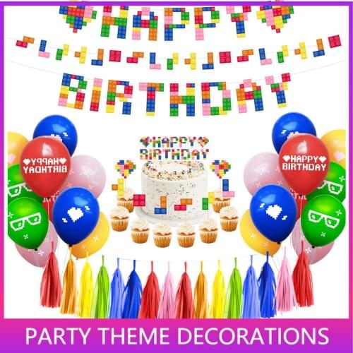 Building Brick Theme Birthday Banner Bunting Garland Building Blocks Party Decorations Baby Boy Girl Birthday Supply