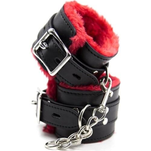 Red Plush Handcuffs Can Be Padlocked Sex Toys Black Leather Bondage Toy Handcuffs