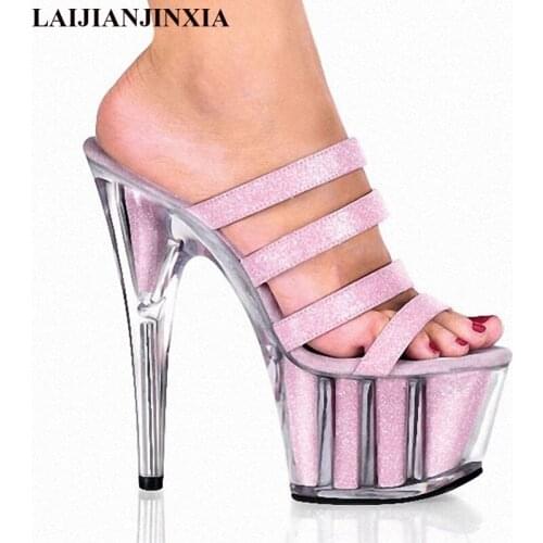 LAIJIANJINXIA 15cm High Heel Shoes Cutout Platform Shoe Rhinestone Color Block Sexy Sandals Transparent 6 Inch Crystal Shoes