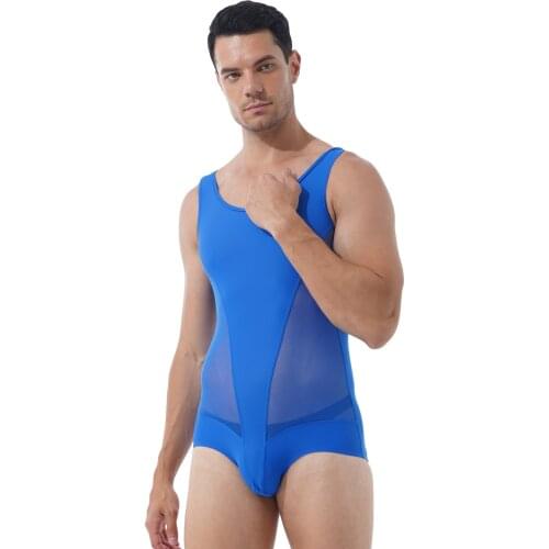 Summer Breathable Sport Bodysuit Sleepwear Casual Sheer Mesh Patchwork Wrestling Sleeveless Bulge Pouch Leatord Swimsuit for Men
