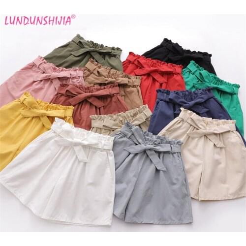 LUNDUNSHIJIA 2020 Spring Summer Womens Bow Tie Decoration Short Pants Casual Loose Women Cotton High Waist Shorts 13 Colors