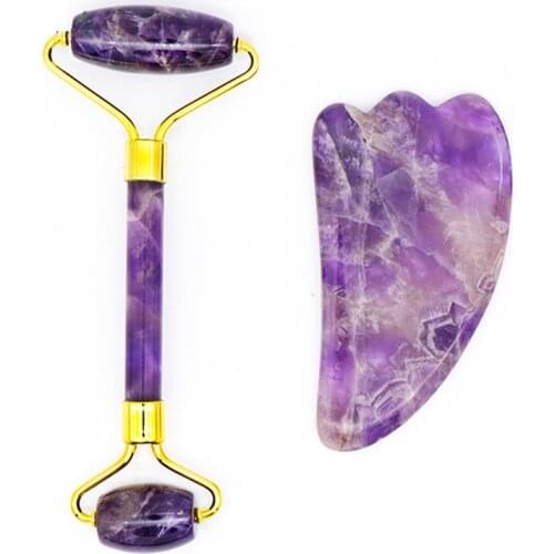 Natural Amethyst Face Roller Gua Sha Tool Set Facial Jade stone Massage Roller for promote absorption of skin care products