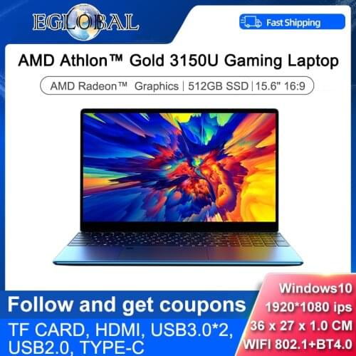 Eglobal Ultra Slim Laptop 15.6 inch AMD Athlo Gold 3150U Radeon Graphics Windows 10 pro key Notebook Computer PC Netbook AC WiFi