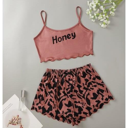 Honey Print Pajama Set Summer Sexy Sleepwear Pyjamas Women Plus Size 2 Piece Home Suit Loungewear Fashion Lingerie Tracksuit