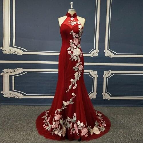 Custom Made High Neck Sleeveless Paeonia Suffruticosa Appliqued Illusion Back Court Trian Red Mermaid Evenign Dresses
