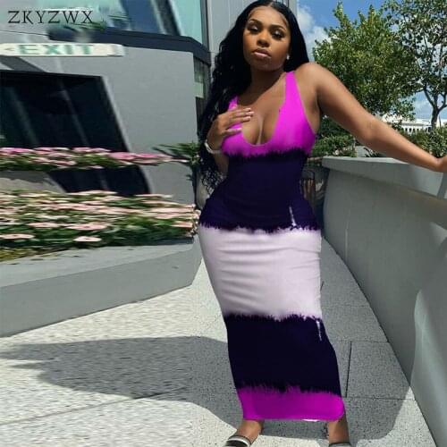 ZKYZWX Sexy Druck Deep V-neck Maxi Dress Birthday Outfits for 2021 Fashion Women Summer Clothes Sleeveless Party Night Dresses