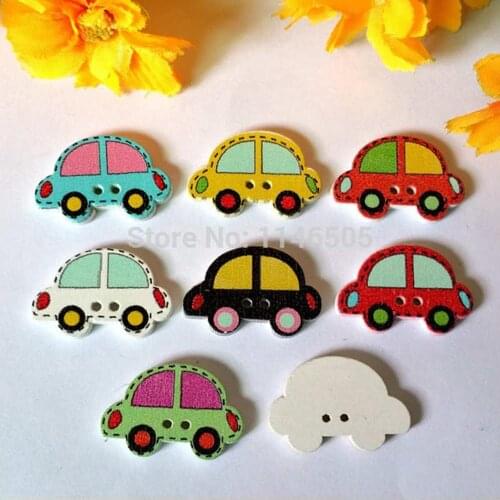 50PCs Random Mixed Lovely Car buttons Wood Painting Sewing Buttons Scrapbooking 25x17mm decorative accessories scrapbook craft