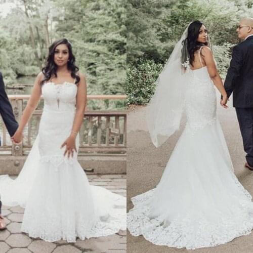 Gorgeous Lace Mermaid Wedding Dresses Plus Size Spaghetti Strap Sweep Train Country Chapel Bridal Gowns Vestidoe De Noiva