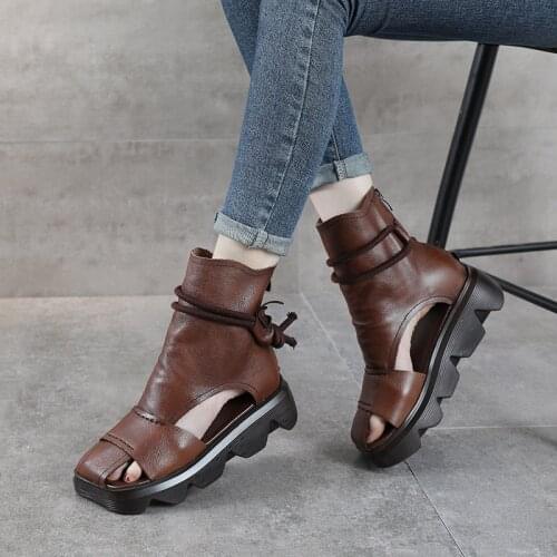 Cowhide Slope with Waterproof Platform Roman Shoes Genuine Leather Retro Hollow Sandals 2021 Summer New High-top Womens Sandals