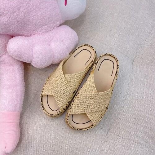 Raffia Braided Slippers Flat lazy Mullers Hand Woven Casual Beach Shoes Ladies Sandals 2021 Summer Outside Wear Flipflops Female