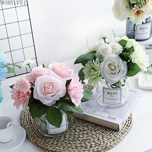 Modern Glass Vase+artificial Flower Ornaments Home Furnishing Crafts Decoration Office Table Bouquets Fake Flower Pot Figurines