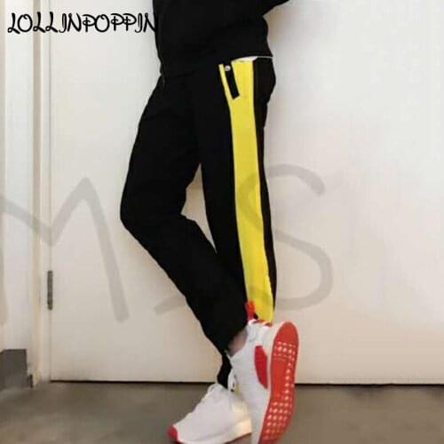 Yellow Side Stripe Mens Jogger Pants High Street Contrast Color Design Snap Button Pockets KPOP Casual Sweatpants Men Joggers