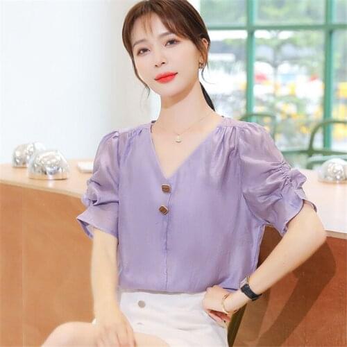 Chiffon Women Shirts V-Neck Short Sleeve Elegant Aesthetic Blouses Summer Loose Ropa De Mujer Blusas White Ladies Tops MM0754