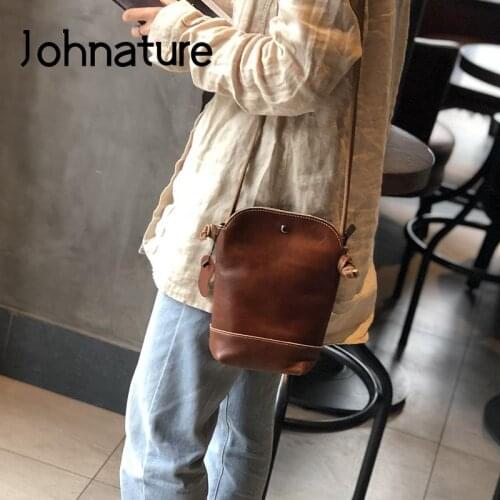 Johnature leisure Women mini Bag 2021 New genuine Leather Mobile Phone Small Shoulder Bags Simple Soft Cowhide Messenger Bag