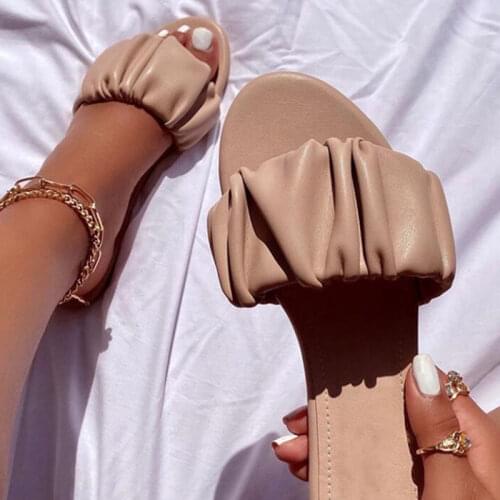 Women Pleated Slippers Woman Outdoor Summer Shoes Womens 2020 Casual Open Toe Flat Lady Beach Footwear Female Slides Plus Size