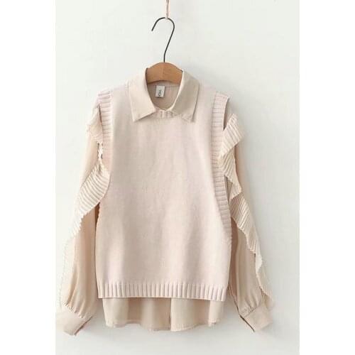 2 Piece Set Women Korean Solid Color Sweater Vest + Splicing Ruffled Long Sleeve Shirt Sweet Style Girl Two Piece Sets 2011903