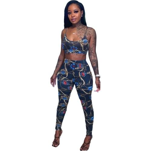European and American Fashion Womens Printed Chest Wrap Suspender Trousers Two-Piece Suit