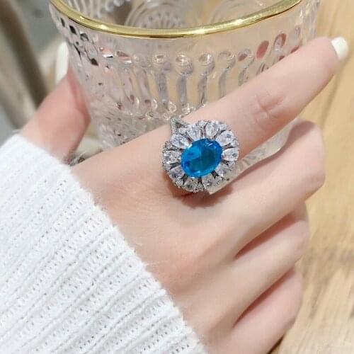 Origin Summer Fashion Blue Color Cubic Zircon Flower Ring for Women Exquisite Open Adjustable Ring Party Jewelry Accessories