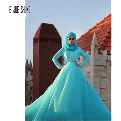 E JUE SHUNG High Neck Long Sleeve Lace Wedding Dress Light Blue Cerstal Sash Muslim Bridal Gown Vestido De Noiva