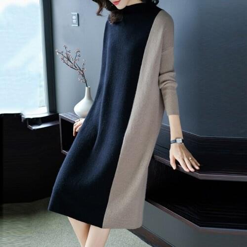 Plus Size Stitching Fashion Knitted Dress Women 2020 Autumn Winter Half Turtleneck Long Sleeve Simple Loose Female vestidos Z326