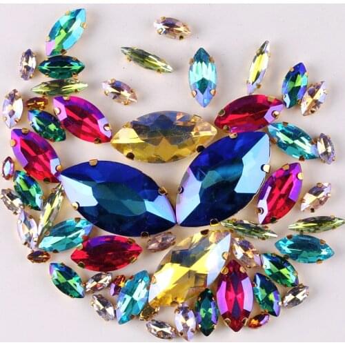Gold claw setting Horse eye shape 8 sizes mix 50pcs/bag glass crystal sew on rhinestone beads wedding dress shoes bags diy