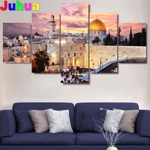 5d Diy Diamond Painting 5 panels Islam Islamic City Diamond Embroidery Full Square Round Diamond Mosaic Cross Stitch Display art