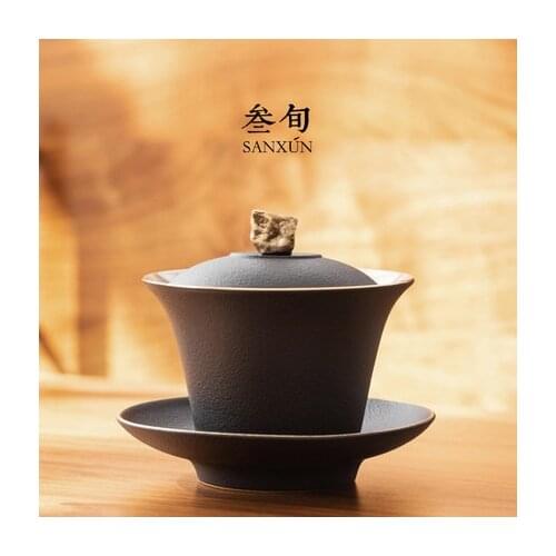 Stone Black Porcelain Tureen Kombucha Sancai Gaiwan Tea Cup Tureen Single Anti-Scald Tea Set Household Tea Brewing Bowl Vintage