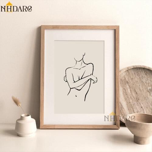 Brown Color Warm Decorative Painting Figure Line Leaf Canvas Print Poster Art Wall Picture Living Room Home Decor No Frame