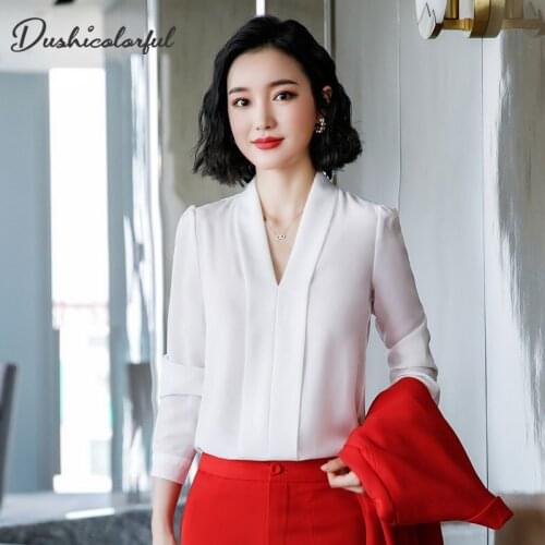 Dushicolorful 2019 Fall Fashion Sexy V Neck Womens Tops And Blouses Formal White Long Sleeve Chiffon Shirt Office Ladies Top