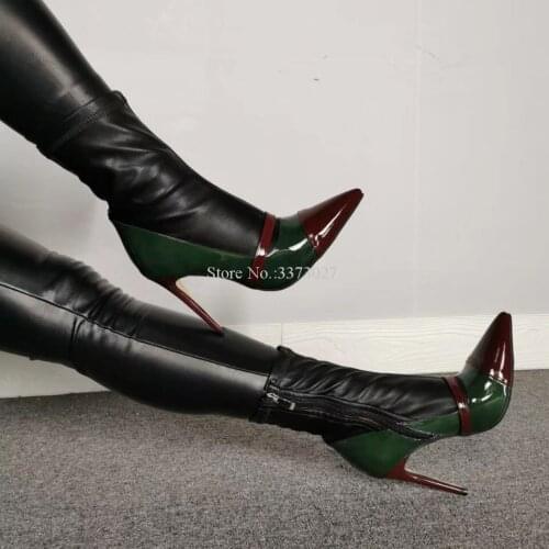 Elegant Lady Patchwork Ankle Boots Pointed Toe Mixed Color Strap Decor Real Photos Short Boots Women Stiletto Heel Dress Shoes