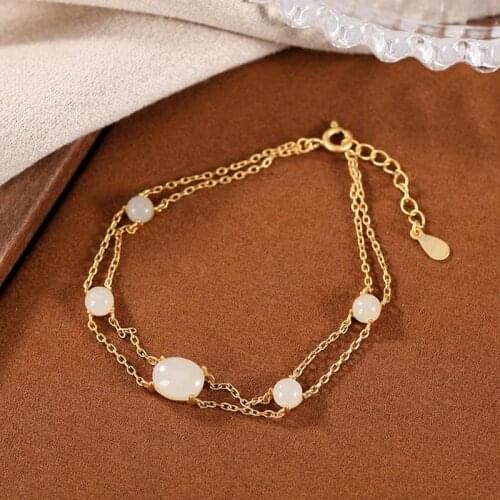 Natural Hetian Jade S925 Sterling Silver Double Chain Fashion Trendy Unique Temperament Entry Lux Ladies Temperamental Bracelet